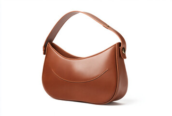 A stylish brown leather shoulder bag with a curved design and a single adjustable strap, presented on a clean white background.