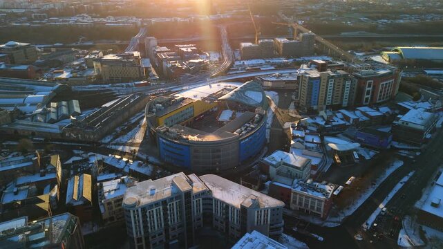 Newcastle upon Tyne: 4th Jan 2026: Winter snow covers Newcastle Central, Times Square Newcastle with river in background during sunrise