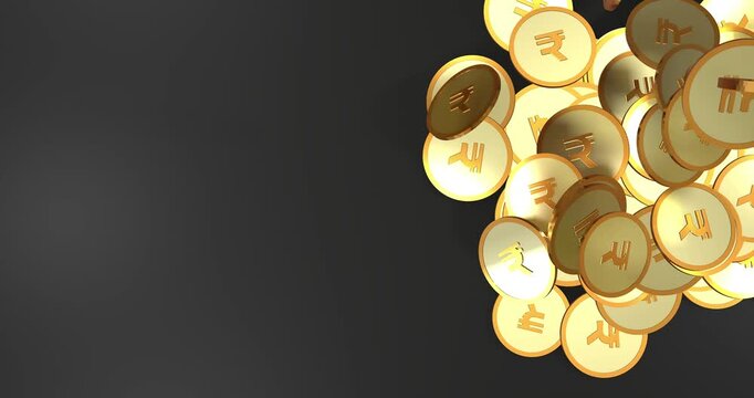 Indian rupee gold coins falling from above, 3d render of INR currency rain, top view finance concept