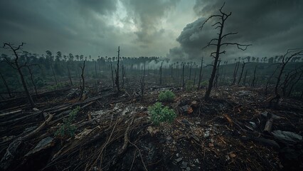 A devastated forest landscape with charred trees and dark sky, illustrating environmental destruction and the aftermath of a wildfire.