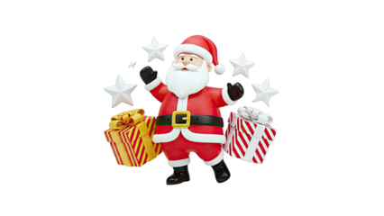 Joyful 3D Santa Claus with Gifts and Stars