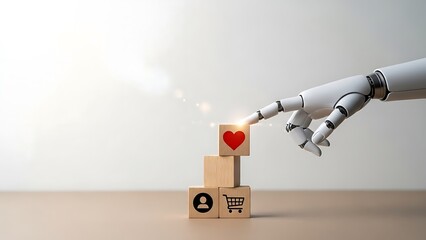 Robot arm placing heart block on top of customer and shopping icons with ecommerce