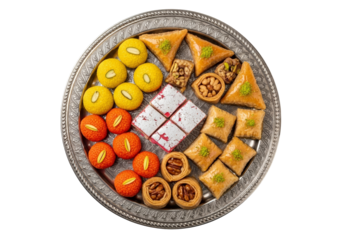 festive eid mithai platter with colorful indian sweets on silver plate