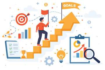 Business Goals Achievement Concept, Career Growth and Success Vector Illustration