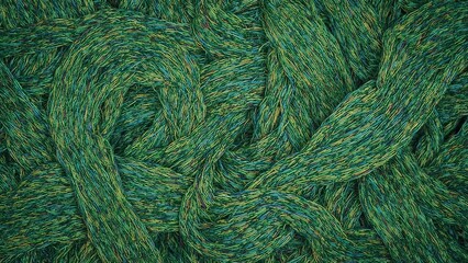 Fototapeta premium Close-up of tangled green and yellow rope fibers, showing detailed texture and intertwined strands.