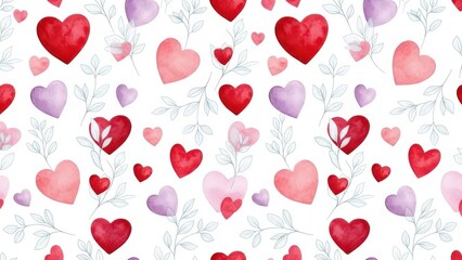 A delicate watercolor pattern featuring scattered red pink and purple hearts with subtle floral sprigs on white