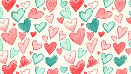 A delightful watercolor pattern featuring various sizes of teal and coral colored hearts scattered across a white background