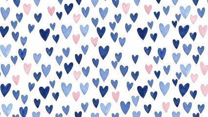 A delicate watercolor pattern featuring scattered hearts in shades of blue and pink on a white background