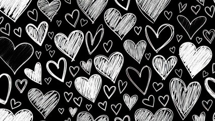 A seamless pattern of hand drawn white hearts on a solid black background evoking love and simple artistry