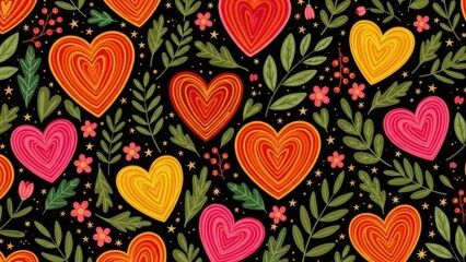 A vibrant and colorful pattern featuring hearts and foliage set against a dark contrasting background