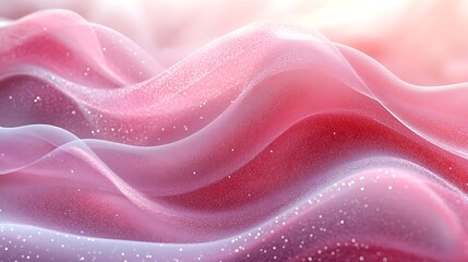 Deep pink and red translucent fluid waves softly glow with sparkling particles creating a dynamic flow