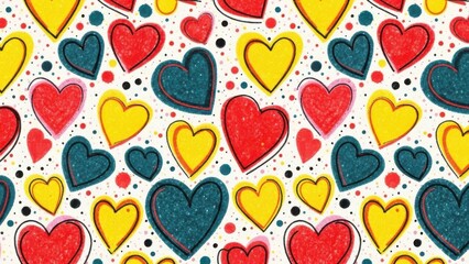 A vibrant and colorful pattern featuring hand drawn hearts in shades of red yellow teal and black