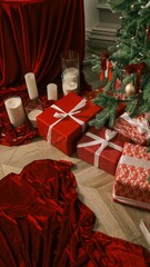 Festive Christmas tree with red gifts and candles creates a cozy holiday atmosphere