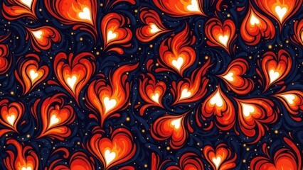A vibrant pattern of stylized flames shaped like hearts against a dark speckled background