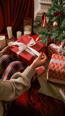 Cozy Christmas morning with hands unwrapping a red gift box under the tree