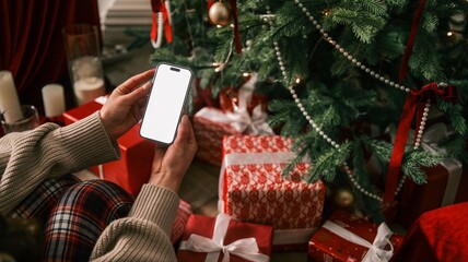 Hands holding a smartphone with a blank screen near a decorated Christmas tree and gifts