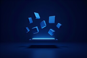 Floating Blue Cubes on Illuminated Platform