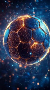 Explore the connection of technology and soccer through a glowing soccer ball in a dark and dynamic background