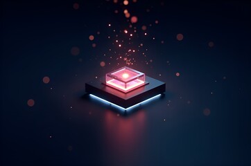 Glowing Cube on Platform with Sparkling Particles