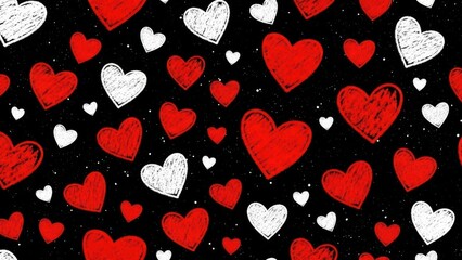 A vibrant and playful pattern of red and white hearts scattered across a dark contrasting black background