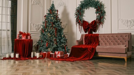 Elegant Christmas tree with gifts and decorations in a luxurious room
