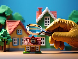 a hand holding magnifying glass over small house model