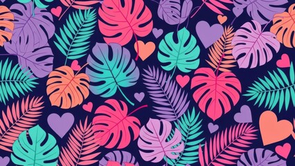 A vibrant tropical pattern featuring colorful monstera leaves hearts and palm fronds on a dark background