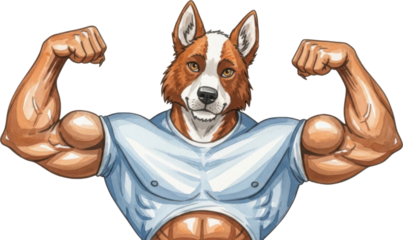 Muscular dog character showing off muscles isolated on transparent background