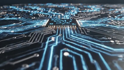 Dynamic closeup of a futuristic circuit board with glowing blue lines illustrating data flow and advanced microchip technology symbolizing digital transformation artificial intelligence and global ne. - Powered by Adobe