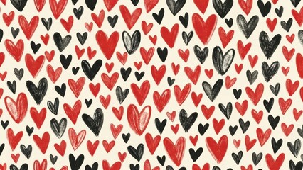 A charming pattern of hand drawn hearts in shades of red and black on a creamy white background
