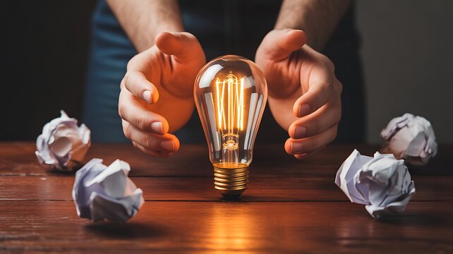 Close Up of Person Hands Surrounding a Bright Light Bulb on Table with Discarded Sketches for Innovation Concept - Powered by Adobe