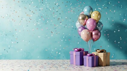 Balloons and gift boxes with confetti on a table indoors