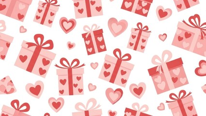 A repeating pattern of pink gift boxes and red hearts on a white background ideal for valentine s day