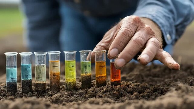 Closeup medium shot of a researcher examining nutrient content in soil using colorimetric tests to assess fertility and growth potential.