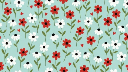 A charming seamless pattern featuring small red and white wildflowers with delicate green stems on a teal background
