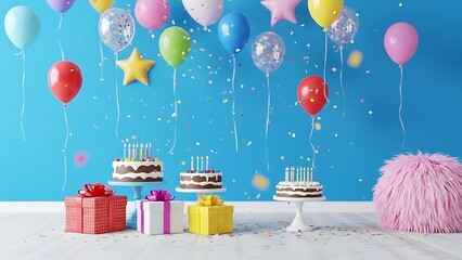 Birthday celebration with colorful balloons and cakes on table