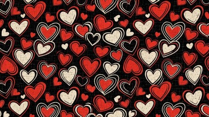 A seamless pattern of red and white hearts on a dark black background perfect for valentine s day themes