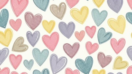 A delightful pattern of pastel colored hearts scattered across a white background creating a sweet aesthetic