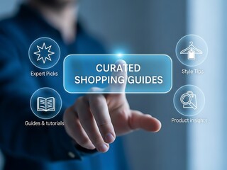 Man touching a glowing button with "CURATED SHOPPING GUIDES" on a digital interface, surrounded by icons