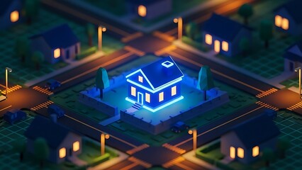 blue house in a neighborhood with glowing lights on the exterior at night