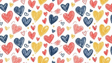 A vibrant and playful pattern featuring hand drawn hearts in red yellow and navy blue tones