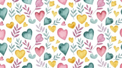 A delightful watercolor pattern featuring hearts and leaves in shades of pink yellow and teal