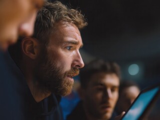 Bearded man leading a focused team collaboration, analyzing digital data on a tablet, demonstrating modern business strategy, innovation, and tech leadership