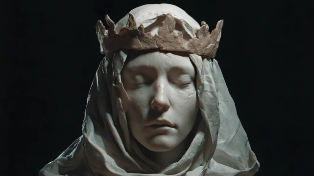 Sculpture of serene female figure with crown and cloak
