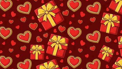 A vibrant pattern of red hearts and gift boxes with yellow ribbons on a deep red background