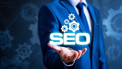 Businessman presenting SEO concept on hand palm