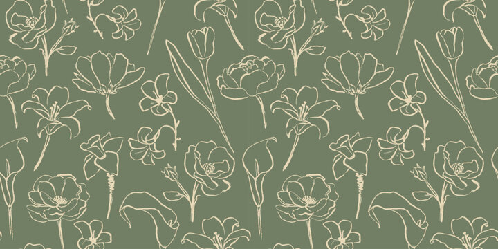 Hand drawn botanical flowers seamless pattern, organic floral background