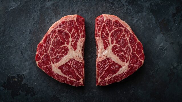 Two halves of raw meat with marbling on a dark surface.