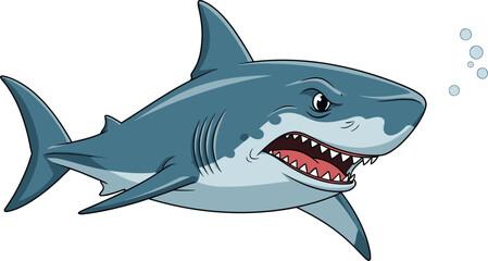Fototapeta premium Cartoon illustration of a great white shark swimming with bubbles