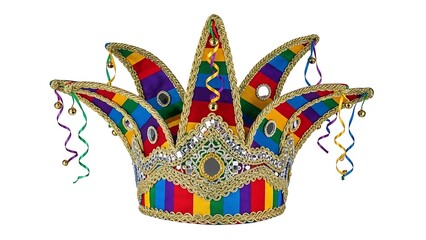 A colorful jester hat with intricate detail and decorative elements